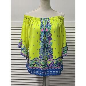 Lilly Pulitzer Fawna Top Womens Medium Off Shoulder Blouse Pineapple Rivera Loro